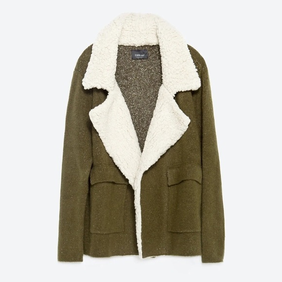 Zara Knit Faux Shearling Lined Sweater Jacket Open Front Square Pocket Green S - Picture 2 of 11